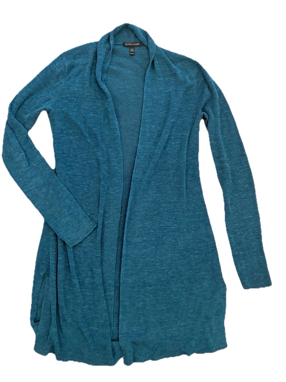 Eileen Fisher Teal Open Front Linen Tencel Cardigan XXS Long Sleeve Duster